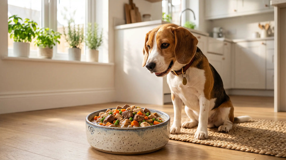 Câine rasa Beagle privind cu atenție la un bol ceramic plin cu hrană umedă apetisantă, cu bucăți de carne și legume.