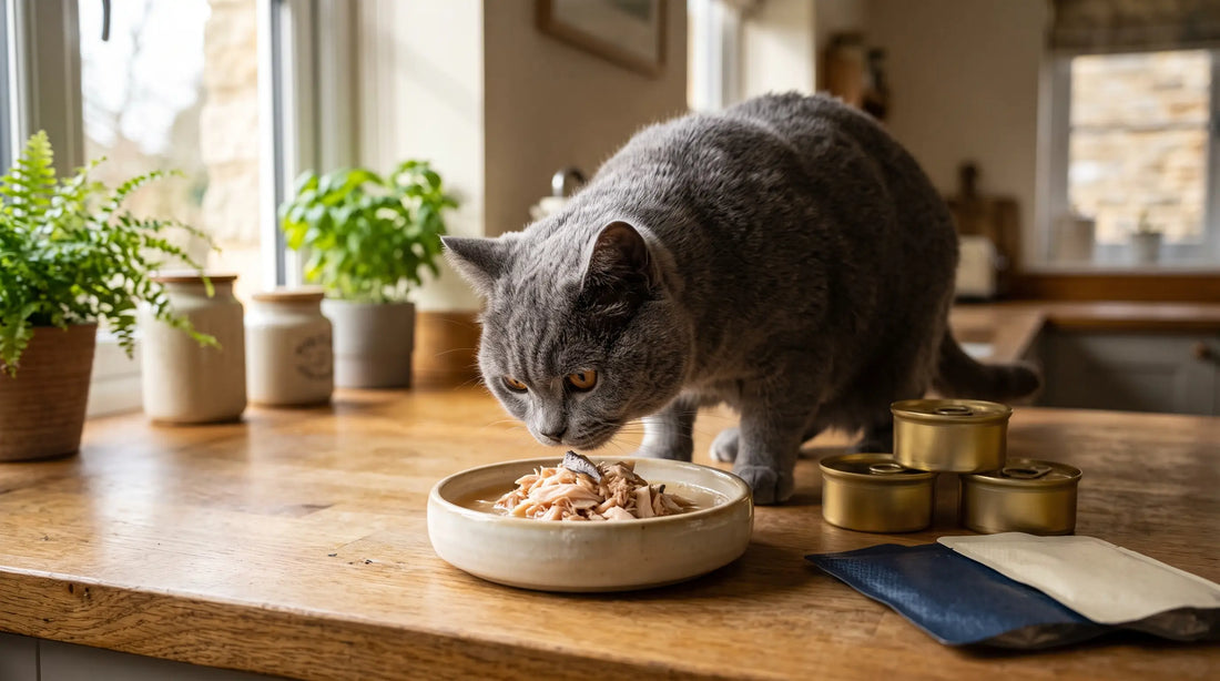 Pisică gri rasa British Shorthair mirosind cu atenție un bol ceramic cu hrană umedă din fâșii de carne, pe un blat de bucătărie din lemn, alături de conserve și plicuri premium.