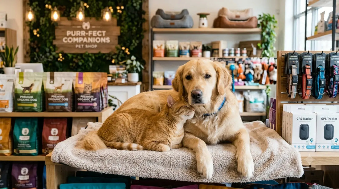 Un câine Labrador Retriever auriu și o pisică tabby portocalie interacționând armonios pe o pătură moale, cu un magazin online de produse premium pentru animale de companie în fundal, pentru blogul de bun venit.