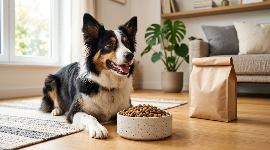 Câine fericit din rasa Border Collie stând pe un covor într-un living luminos, alături de un bol ceramic plin cu hrană uscată și un sac de bobițe premium pentru câini.