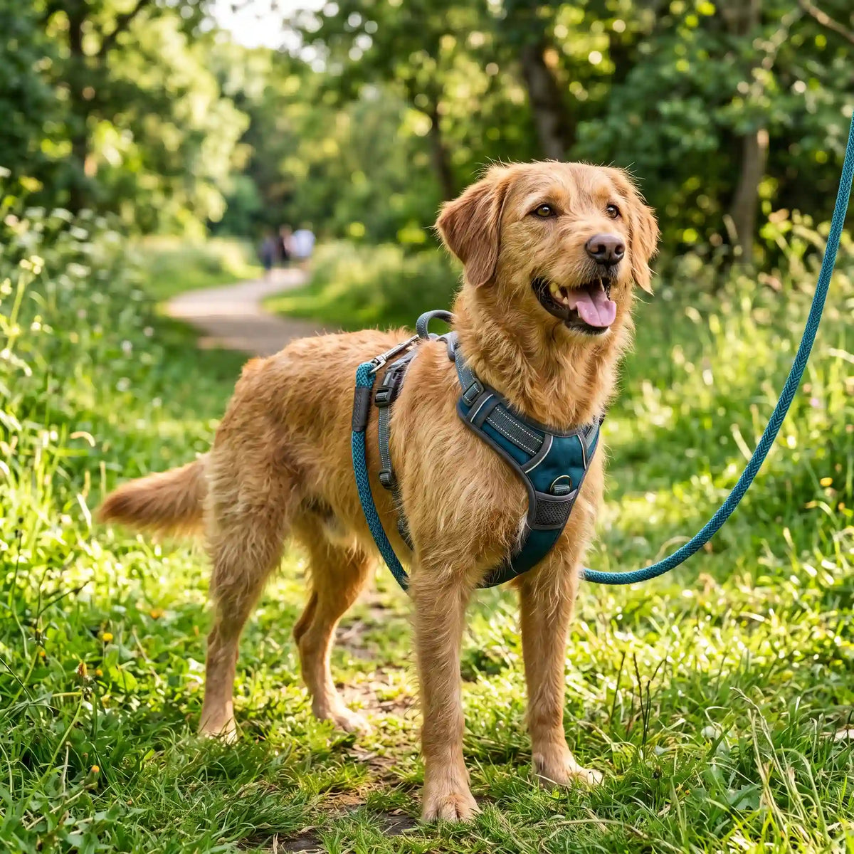 Un câine fericit purtând un ham de piept rezistent de culoare albastră și o lesă asortată, bucurându-se de o plimbare sigură și relaxantă în parc.