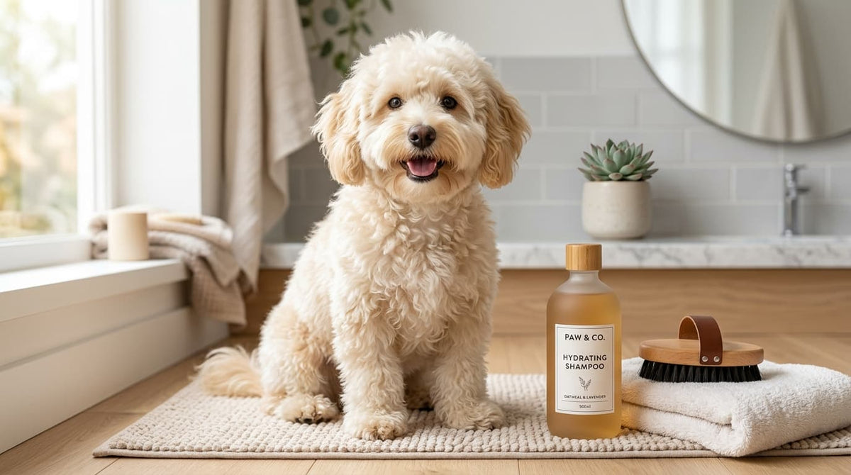 Câine îngrijit și curat alături de produse de cosmetică și igienă canină: șampon premium, perie din lemn și prosop moale.