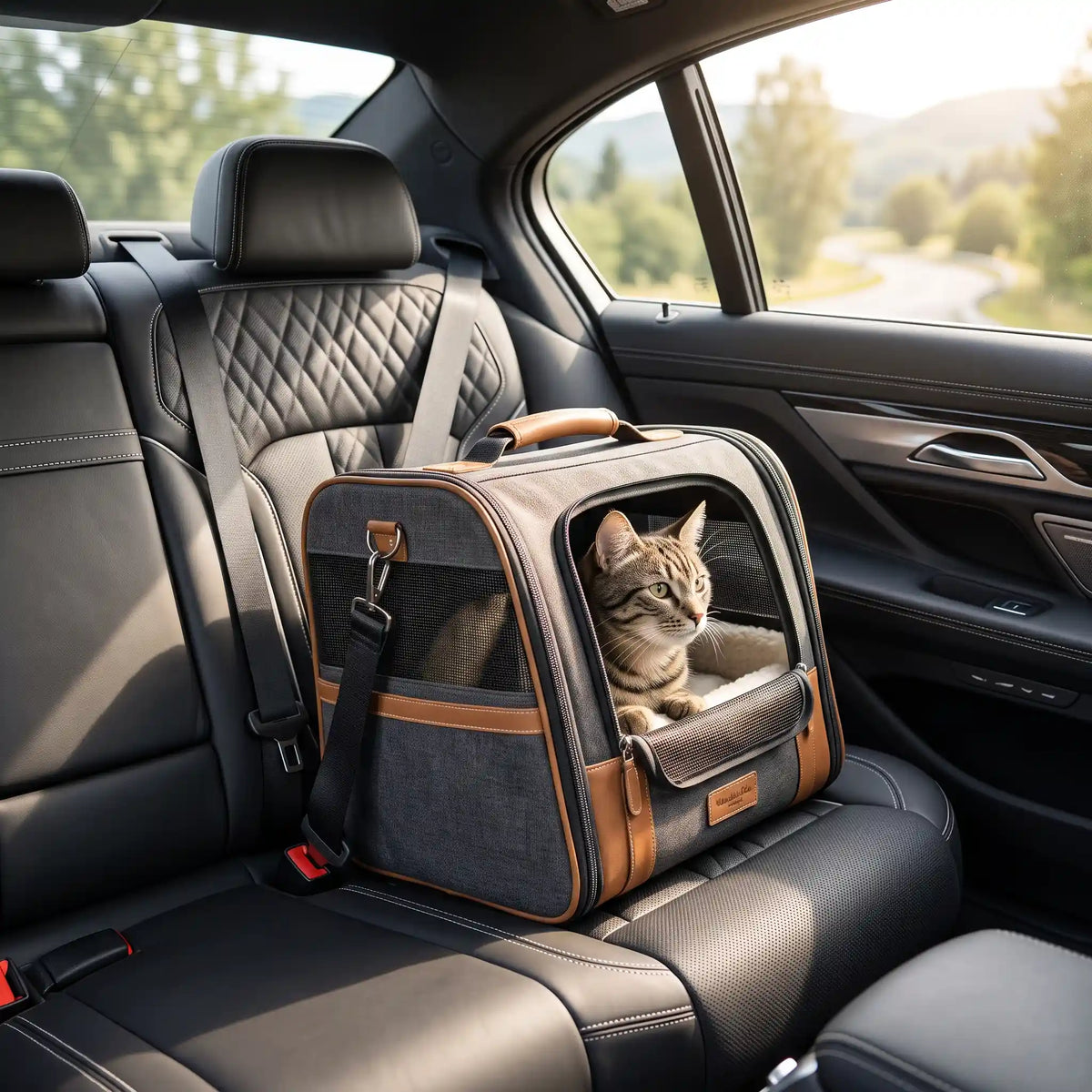 Pisică tigrată stând confortabil într-o geantă de transport premium din material textil cu inserții maro, așezată în siguranță pe bancheta din spate a unei mașini.