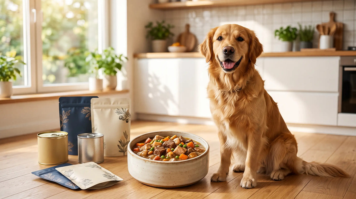 Câine Golden Retriever fericit într-o bucătărie luminoasă, alături de un bol plin cu hrană umedă cu carne și legume, înconjurat de conserve și plicuri premium pentru câini.