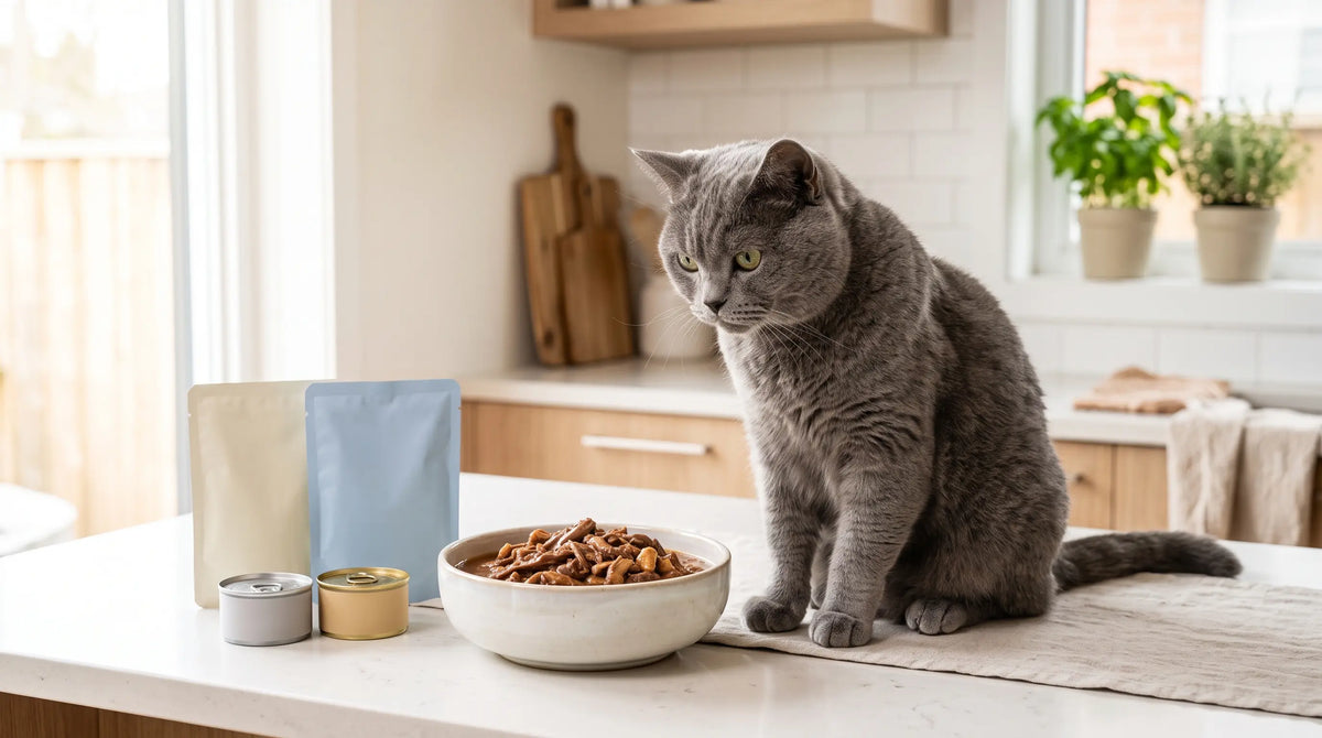 Pisică gri rasa British Shorthair pe blatul din bucătărie, uitându-se la un bol cu hrană umedă plin cu bucăți de carne, alături de plicuri și conserve premium de mâncare pentru pisici.