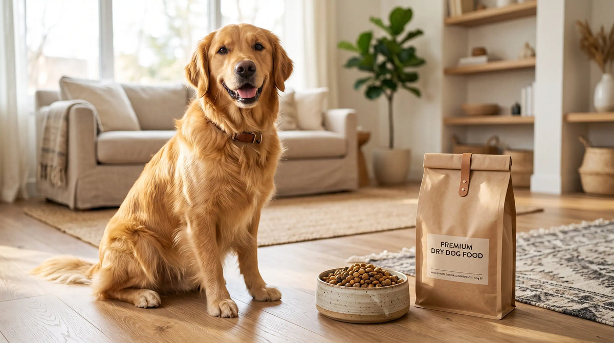 Câine rasa Golden Retriever fericit șezând lângă un bol plin cu hrană uscată și un sac de bobițe premium pentru câini într-un decor luminos.