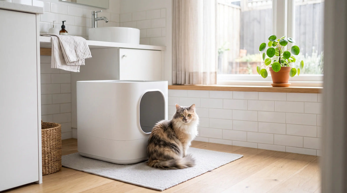 O pisică pufoasă stând relaxată lângă o litieră acoperită cu design minimalist și modern, așezată pe un covoraș special într-o baie curată și luminoasă.