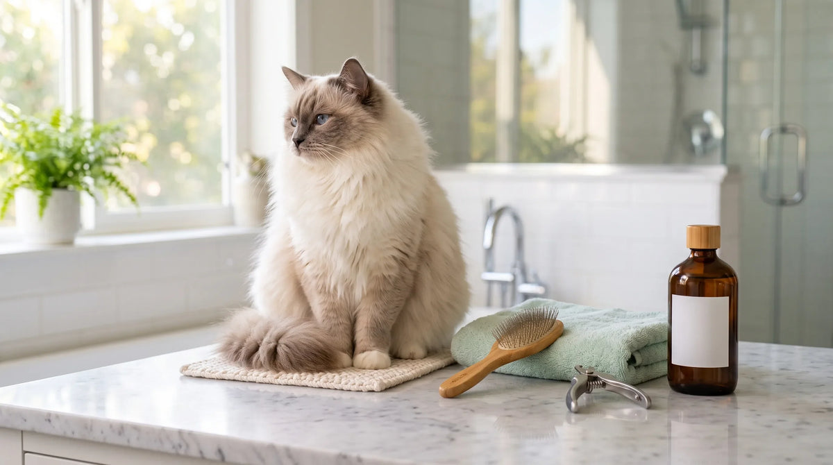 Pisică pufoasă stând relaxată pe un blat de baie luminos, alături de accesorii premium pentru grooming: perie din lemn, clește de unghii, prosop și un recipient de șampon pentru igiena felinelor.