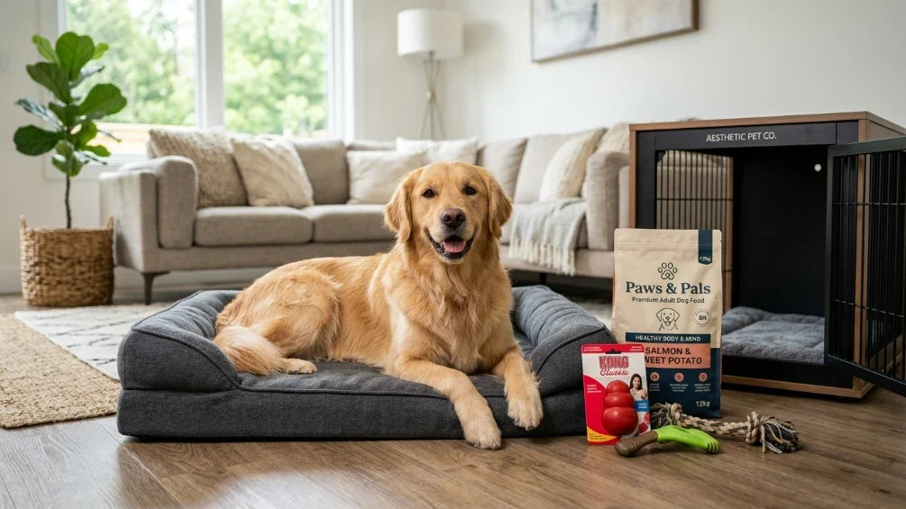 Câine Golden Retriever fericit stând pe un pat caini confortabil în living, alături de o selecție de produse pentru câini: hrană premium, jucării și o cușcă caini modernă de interior.