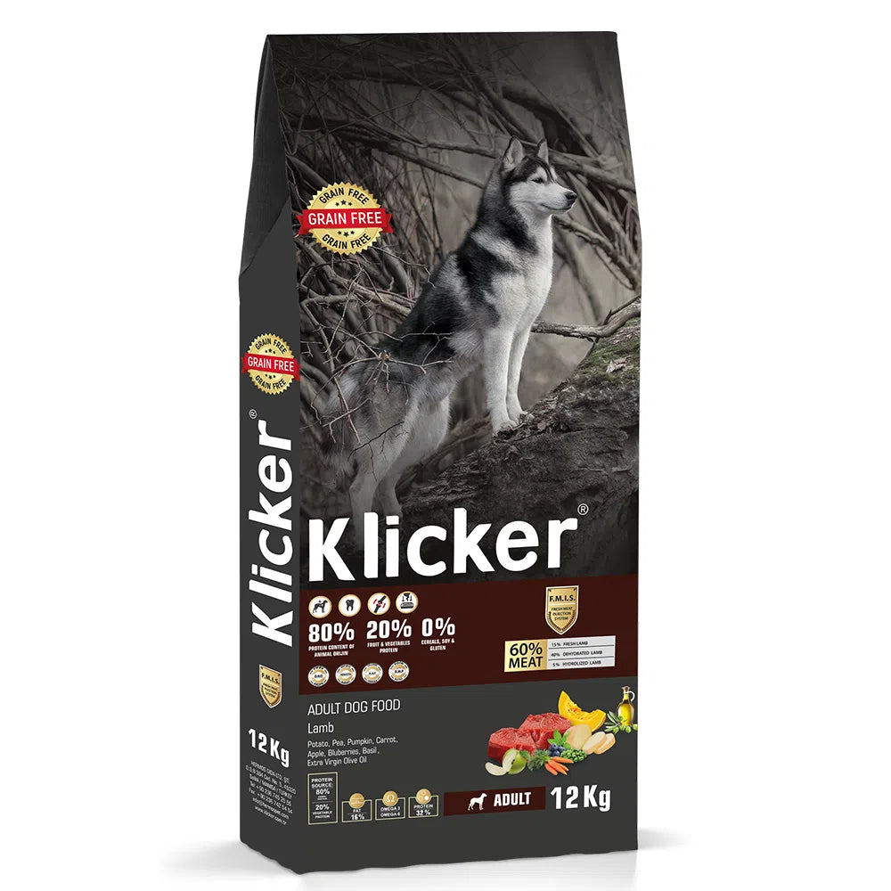 Sac de 12 kg de hrană uscată super-premium Klicker Grain Free pentru câini adulți, prezentând o rețetă cu 60% carne de miel și legume.