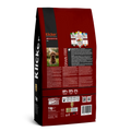 Partea din spate a sacului de 1kg cu hrană uscată super-premium Klicker pentru câini juniori de talie mică, detaliind rețeta hipoalergenică fără cereale cu carne de miel.
