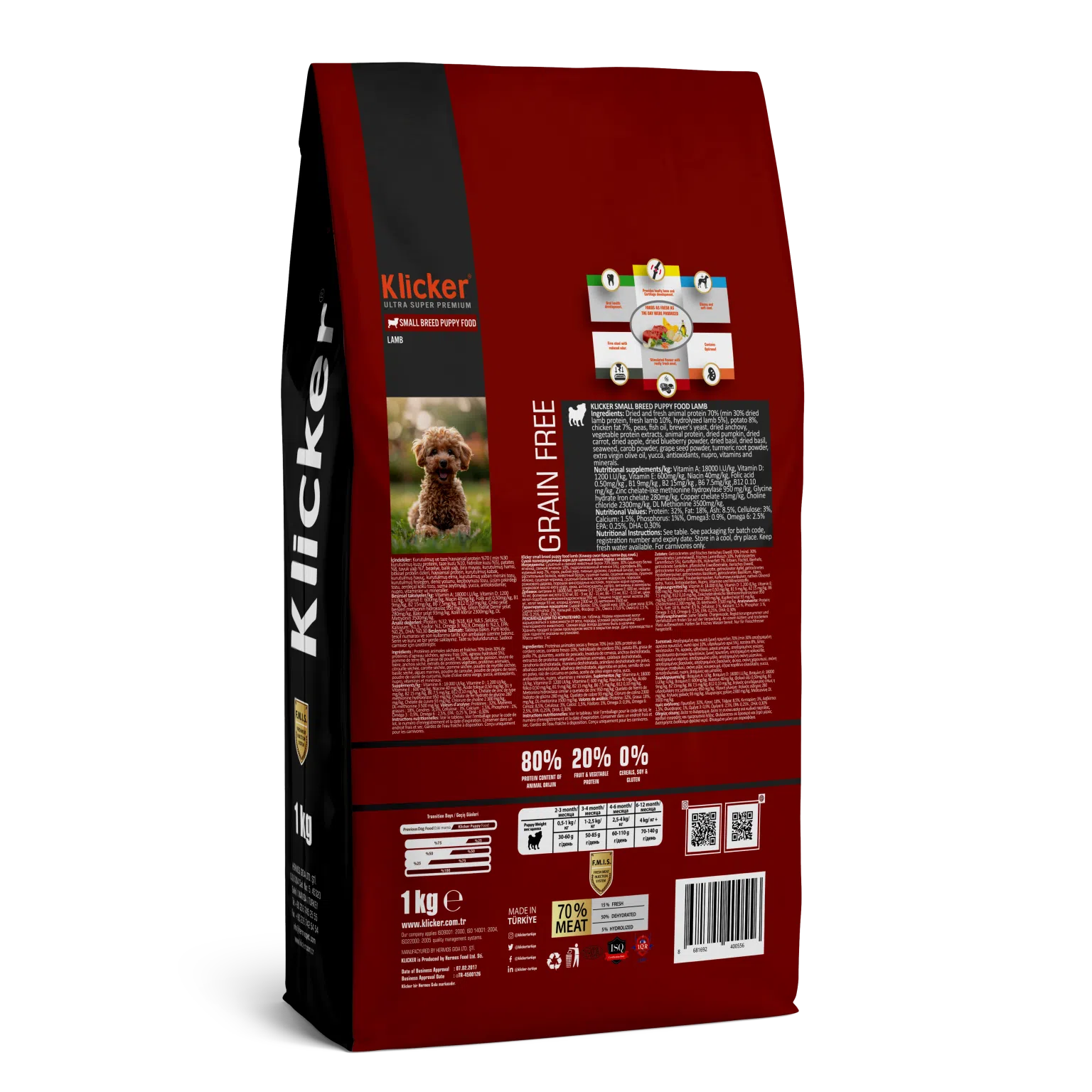 Partea din spate a sacului de 1kg cu hrană uscată super-premium Klicker pentru câini juniori de talie mică, detaliind rețeta hipoalergenică fără cereale cu carne de miel.