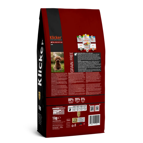 Partea din spate a sacului de 1kg cu hrană uscată super-premium Klicker pentru câini juniori de talie mică, detaliind rețeta hipoalergenică fără cereale cu carne de miel.