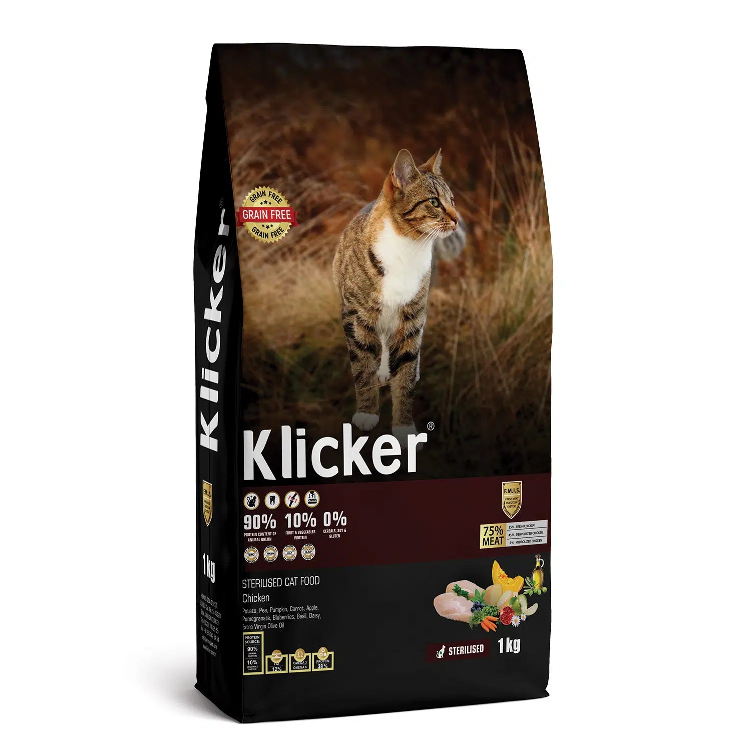 Sac de hrană uscată super-premium Klicker Grain Free pentru pisici sterilizate cu carne de pui, 75% ingrediente din carne și 0% cereale.
