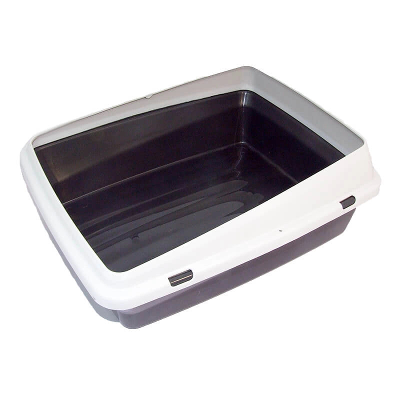 Litieră mare pentru pisici, din plastic durabil, cu ramă albă detașabilă și intrare joasă, dimensiuni 43x34x14 cm.