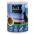Conservă de 400g cu hrană umedă MyFood pentru câini adulți, rețetă premium fără cereale, cu 80% carne și bucăți fragede de miel în sos.