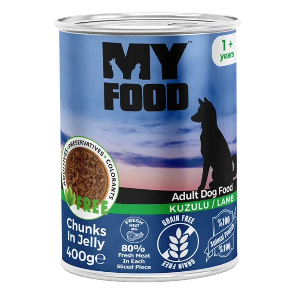 Conservă de 400g cu hrană umedă MyFood pentru câini adulți, rețetă premium fără cereale, cu 80% carne și bucăți fragede de miel în sos.
