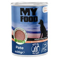 Conservă de 400g cu hrană umedă MyFood pentru câini adulți, rețetă super premium tip pate cu somon, fără cereale, pentru o blană strălucitoare.