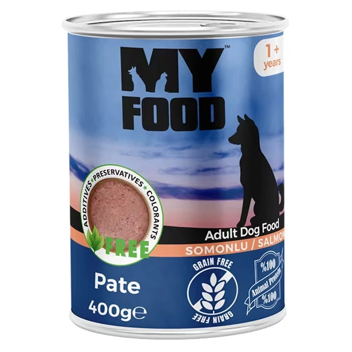 Conservă de 400g cu hrană umedă MyFood pentru câini adulți, rețetă super premium tip pate cu somon, fără cereale, pentru o blană strălucitoare.