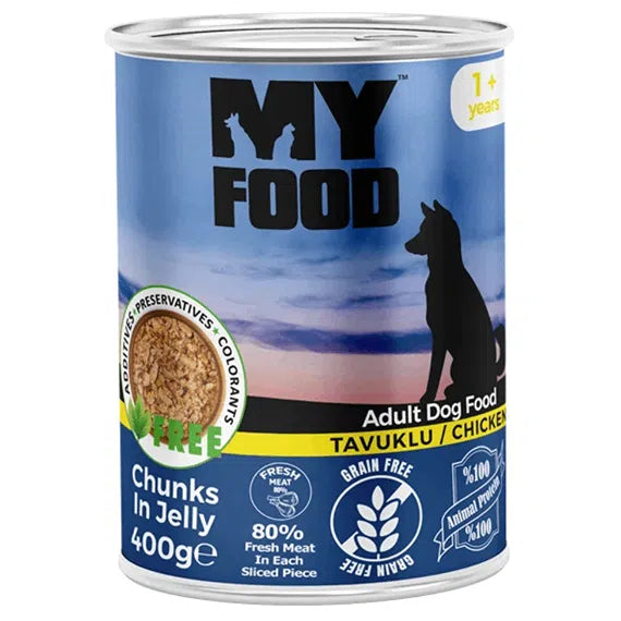 Conservă de 400g cu hrană umedă MyFood pentru câini adulți, rețetă super premium fără cereale, cu 80% carne și bucăți de pui în sos.