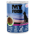 Conservă de 400g cu hrană umedă MyFood pentru câini adulți, rețetă super premium fără cereale, cu 80% carne și bucăți de vită în sos.