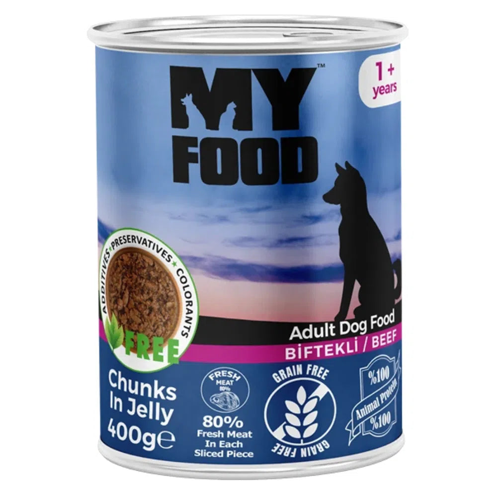 Conservă de 400g cu hrană umedă MyFood pentru câini adulți, rețetă super premium fără cereale, cu 80% carne și bucăți de vită în sos.