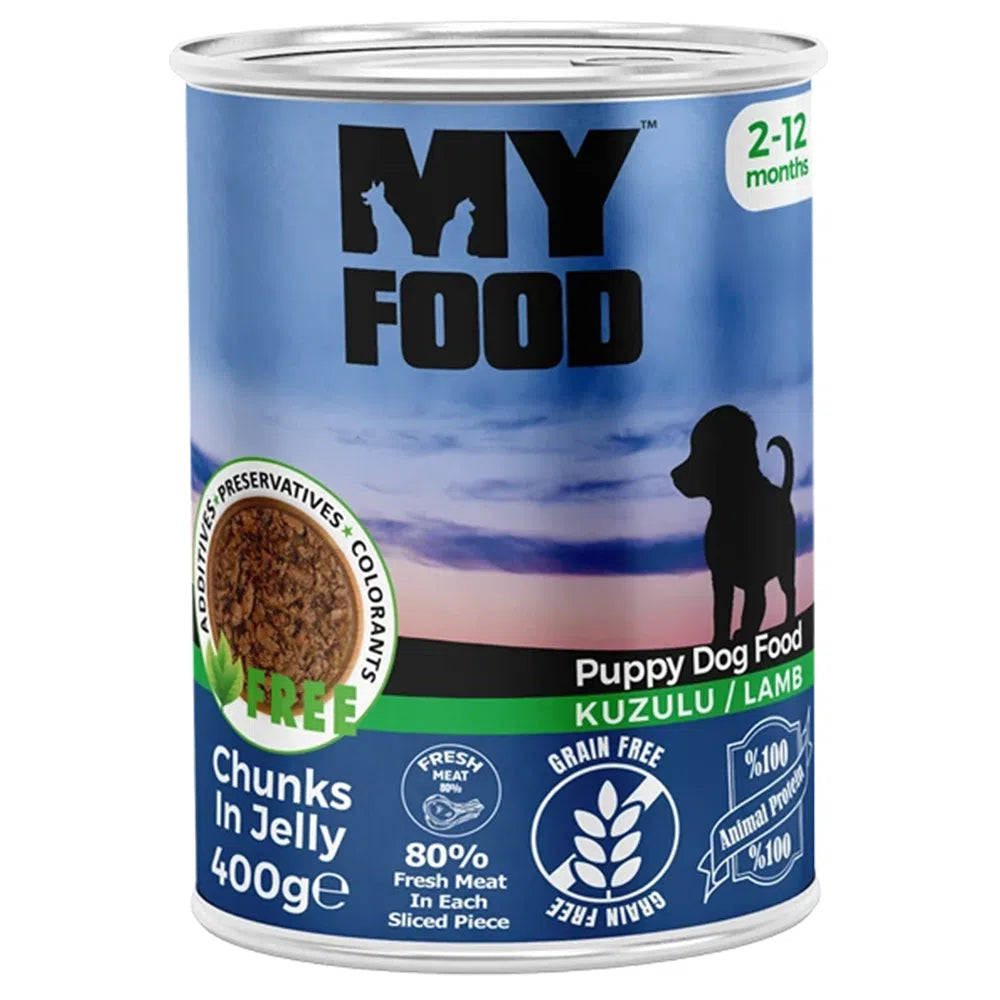 Conservă de 400g cu hrană umedă MyFood pentru pui de câine, rețetă super premium cu 80% carne și bucăți de miel în sos, fără coloranți.