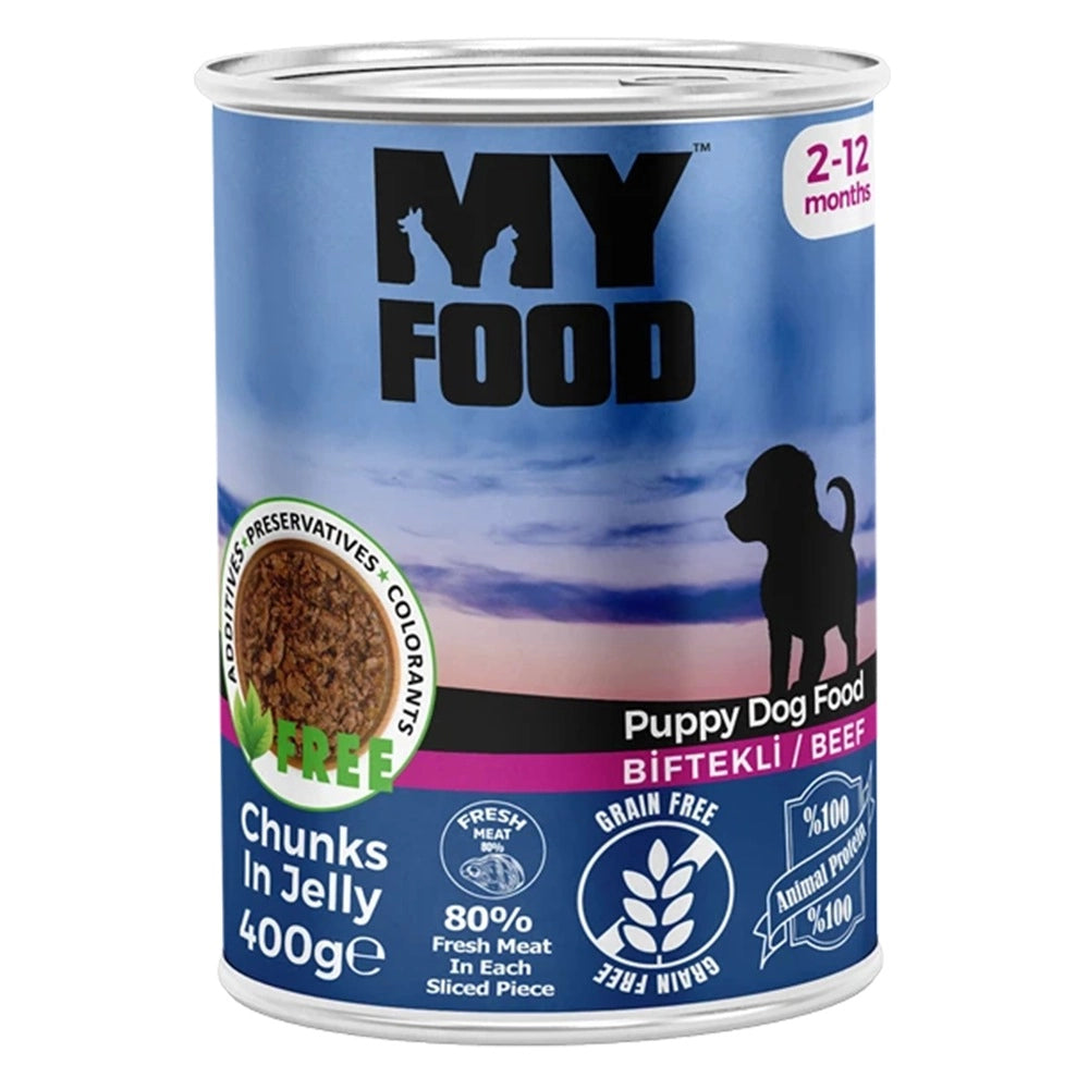 Conservă de 400g cu hrană umedă MyFood pentru pui de câine, rețetă super premium cu 80% carne și bucăți de vită în sos, fără coloranți.