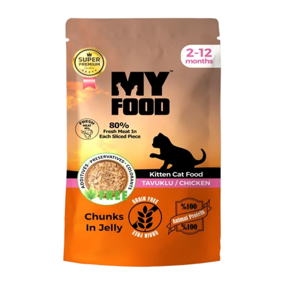 Plic de 85g cu hrană umedă MyFood pentru pisici junior, rețetă super premium fără cereale, cu bucăți de pui pentru o digestie ușoară.