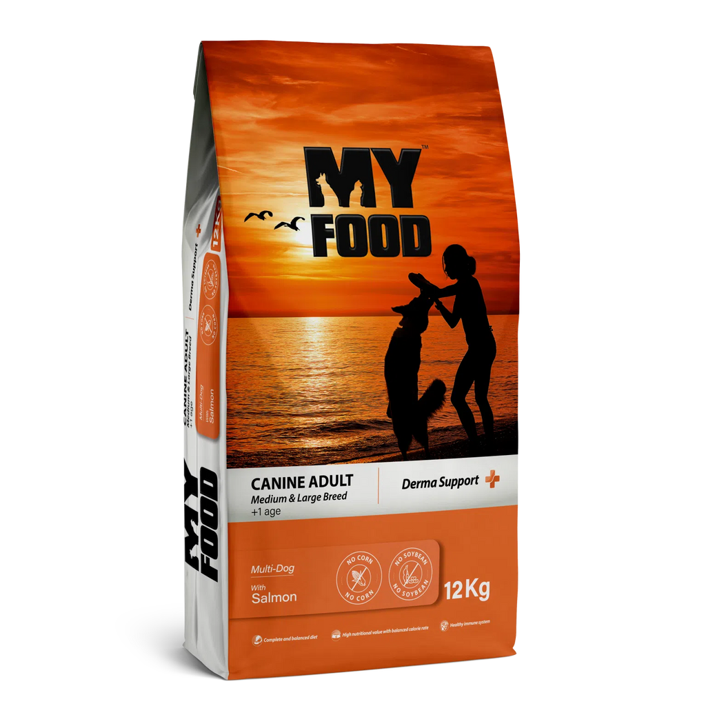 Sac de 12 kg cu hrană uscată super-premium MyFood pentru câini adulți de talie medie și mare, formula Derma Support cu somon.