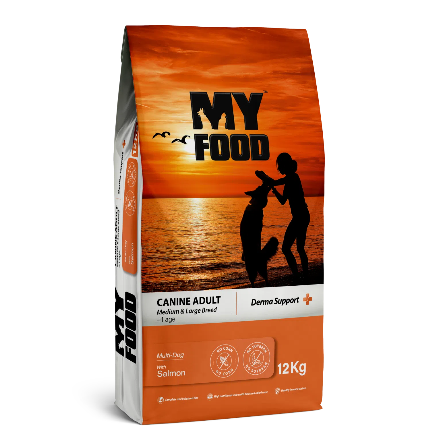 Sac de 12 kg cu hrană uscată super-premium MyFood pentru câini adulți de talie medie și mare, formula Derma Support cu somon.