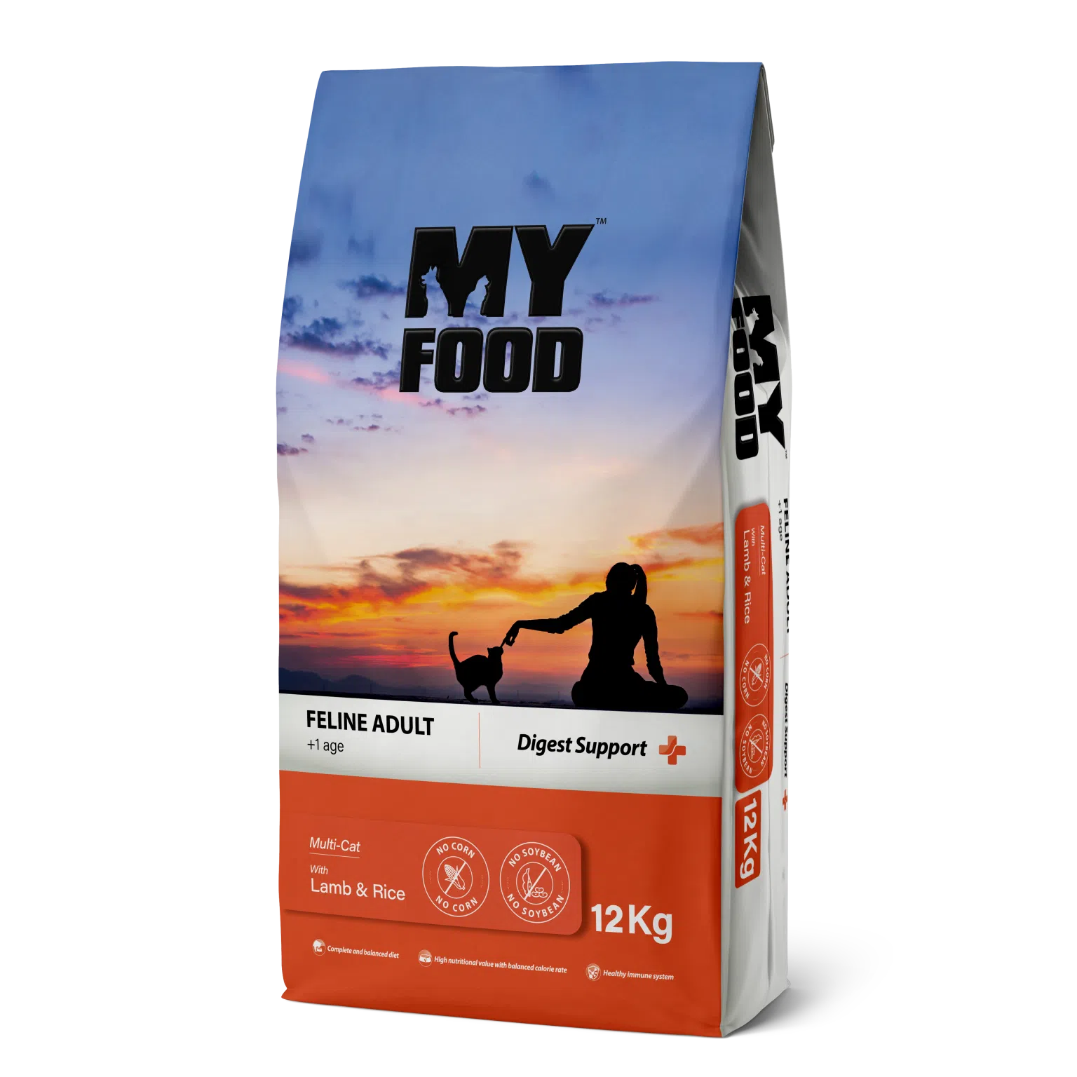 Sac de 12 kg de hrană uscată MyFood pentru pisici adulte, formulă Digest Support cu miel și orez, fără porumb și fără soia.