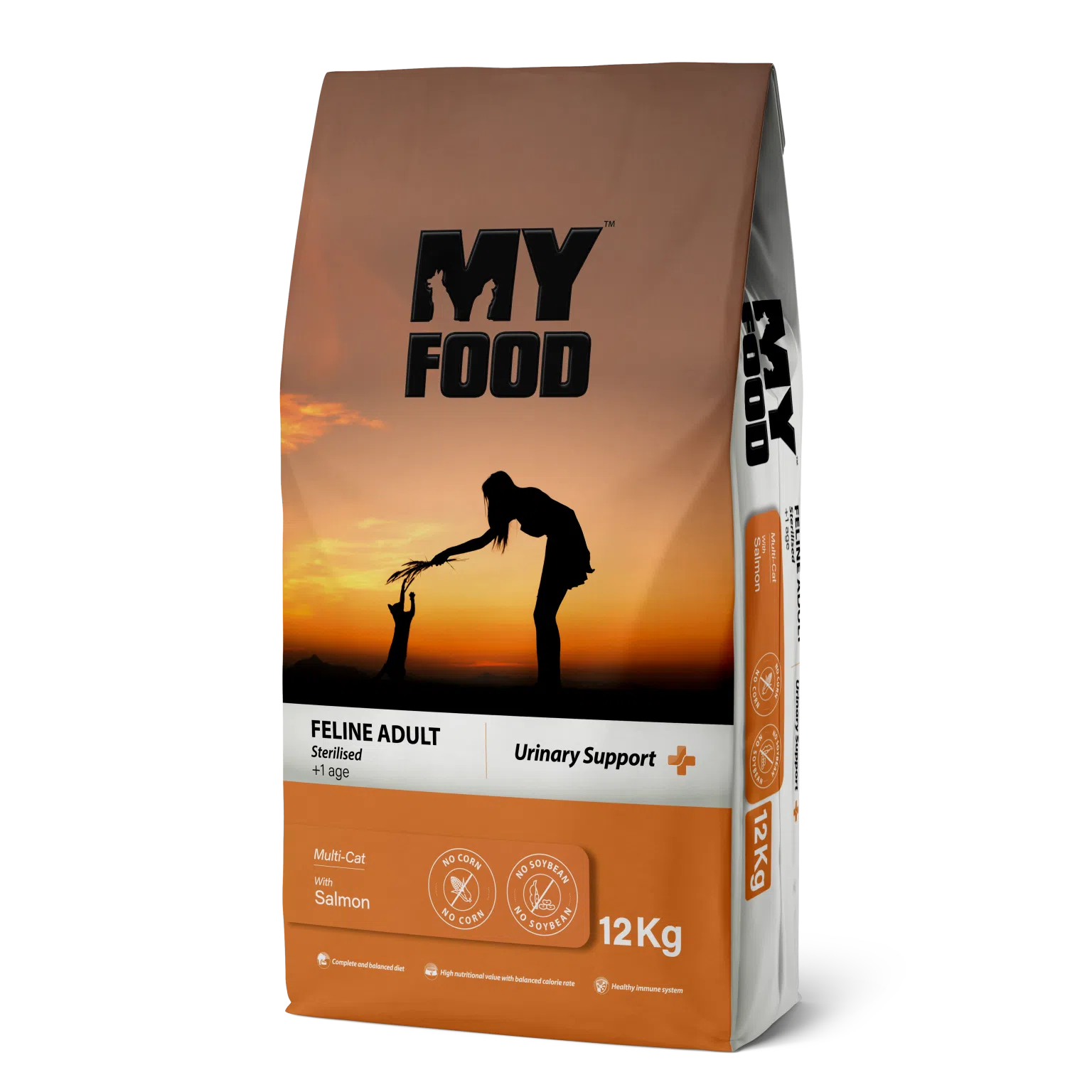 Sac de 12 kg cu hrană uscată premium MyFood pentru pisici sterilizate, rețetă Urinary Support cu somon, fără porumb și fără soia.