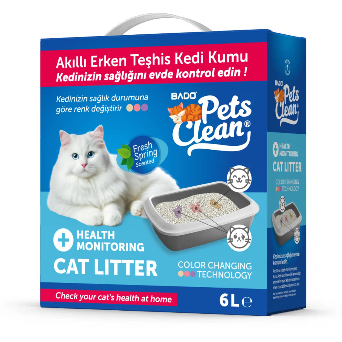 Ambalaj cutie nisip din bentonită pentru pisici BADO Pets Clean Health Monitoring, volum 6L, cu indicator inteligent de culoare pentru monitorizarea sănătății.