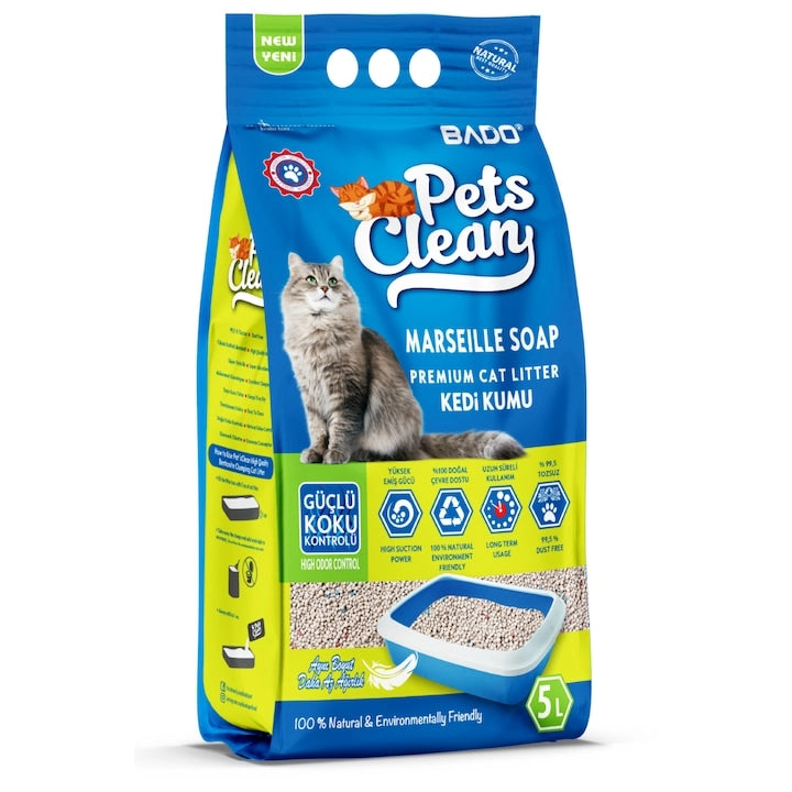 Sac de 5L cu nisip din bentonită pentru litiera pisicii, Bado Pets Clean cu parfum de săpun de Marsilia, 100% natural și fără praf.