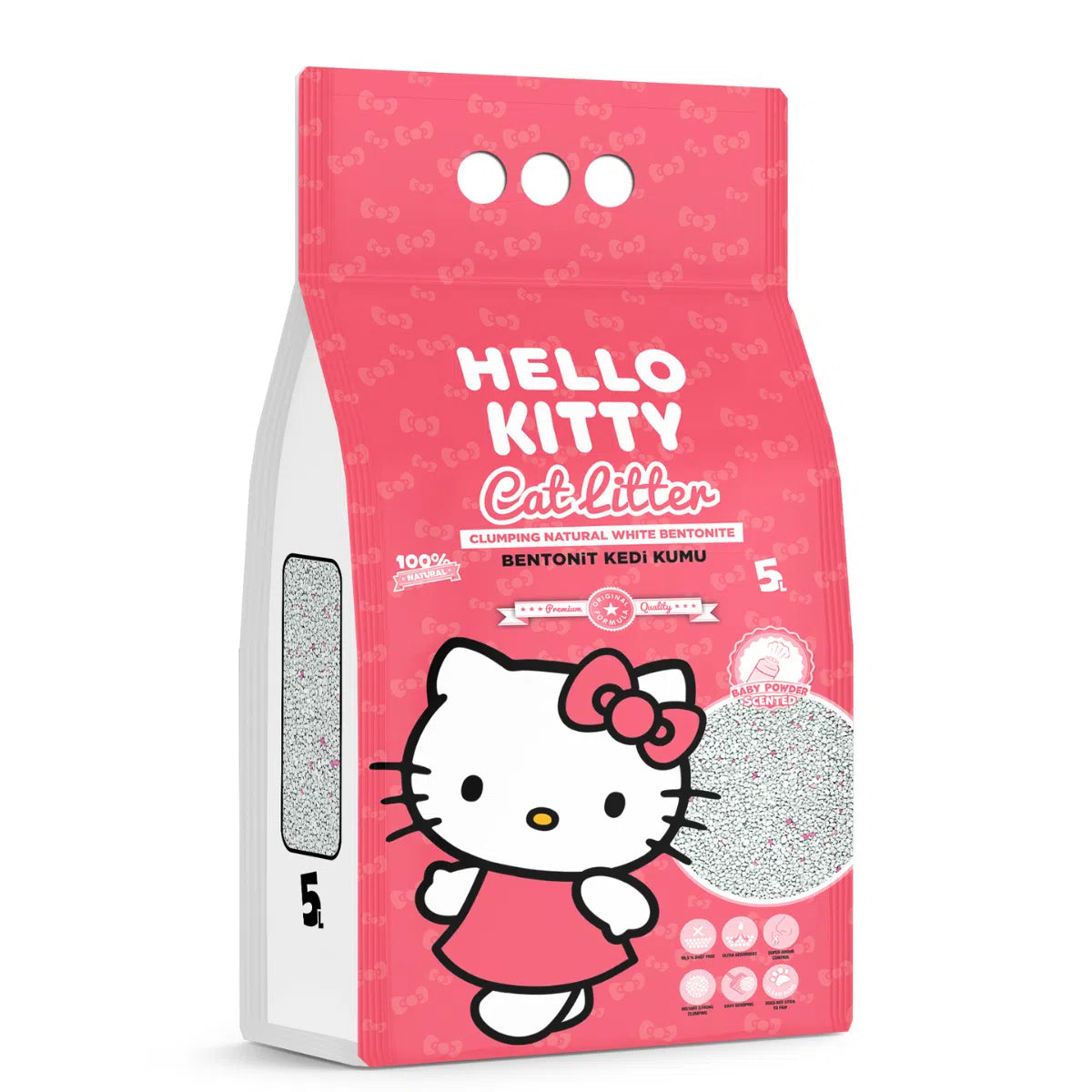 Sac roz de 5L cu nisip din bentonită pentru litiera pisicii, marca Hello Kitty cu parfum Baby Powder, 100% natural, fără praf și super aglomerant.