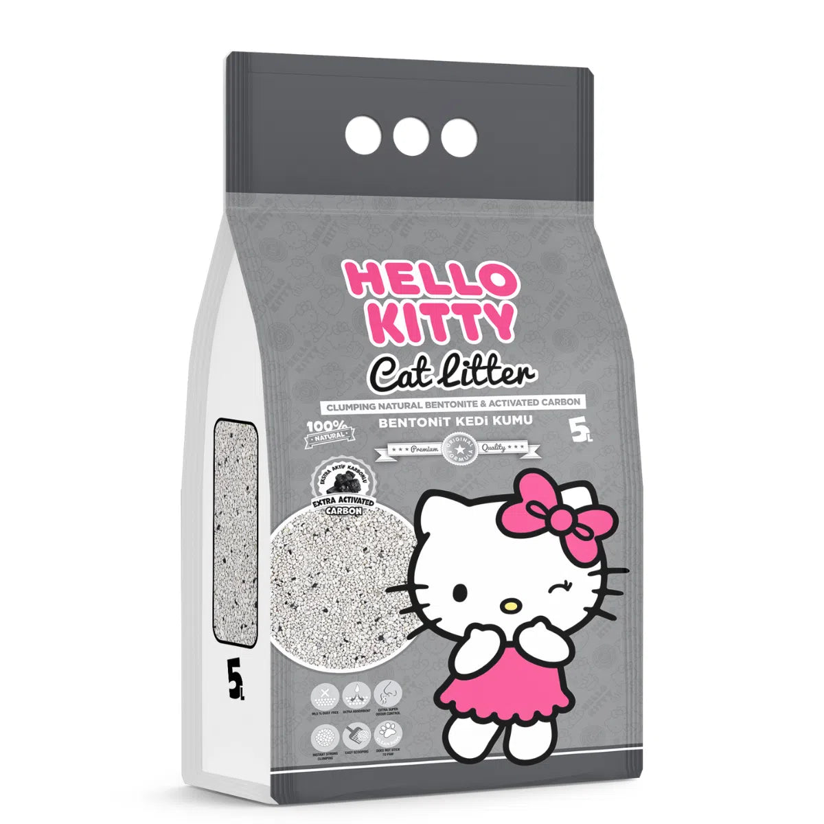 Sac gri de 5L cu așternut din bentonită pentru litiera pisicii, marca Hello Kitty cu carbon activ pentru controlul mirosurilor, 100% natural și 99.9% fără praf.