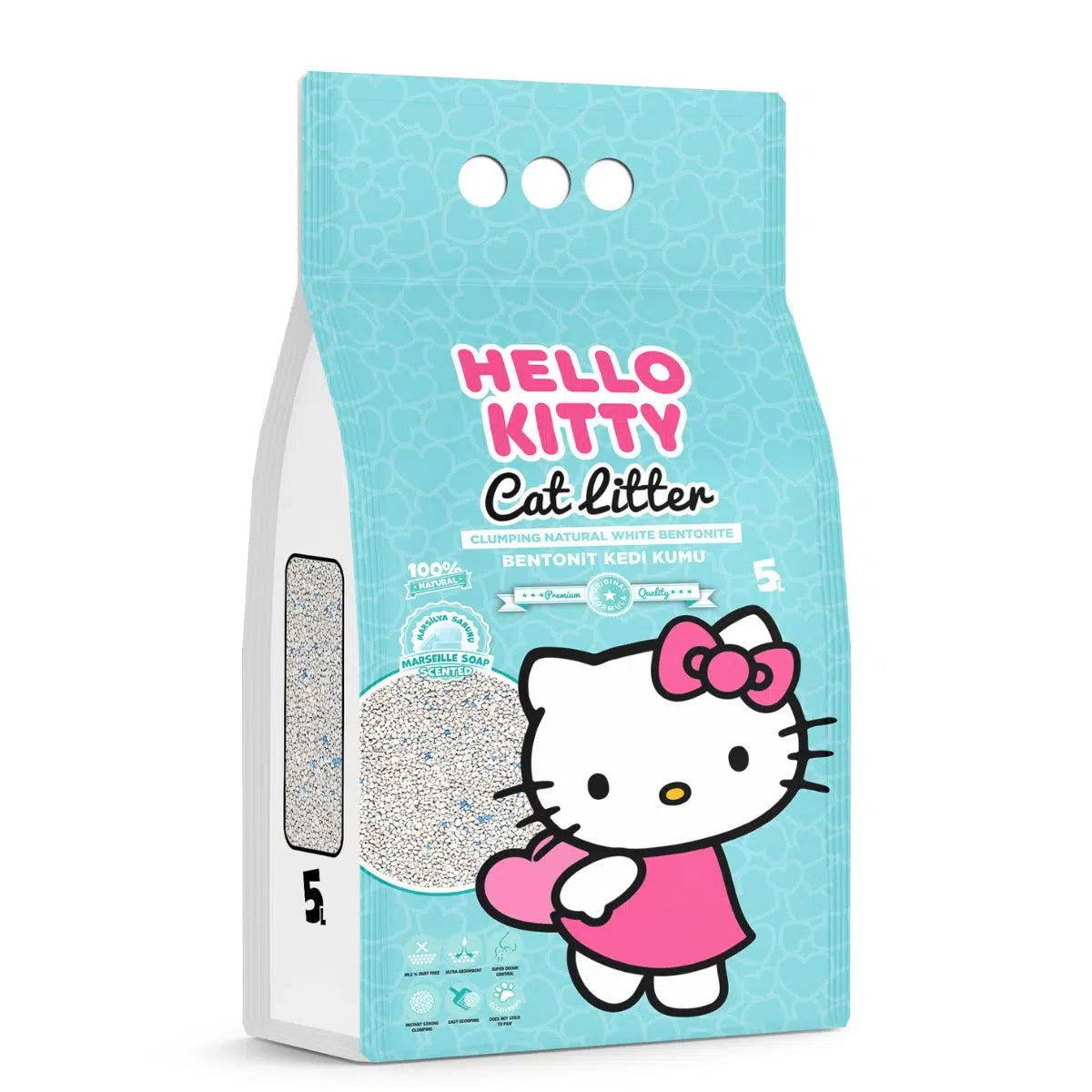 Sac bleu de 5L cu nisip din bentonită pentru litiera pisicii, marca Hello Kitty cu parfum de săpun de Marsilia, 100% natural, fără praf și super aglomerant.