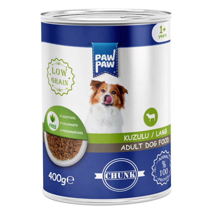 Conservă de 400g cu hrană umedă PawPaw pentru câini adulți, rețetă Low Grain cu bucăți de miel în sos, 100% proteine animale și fără conservanți.