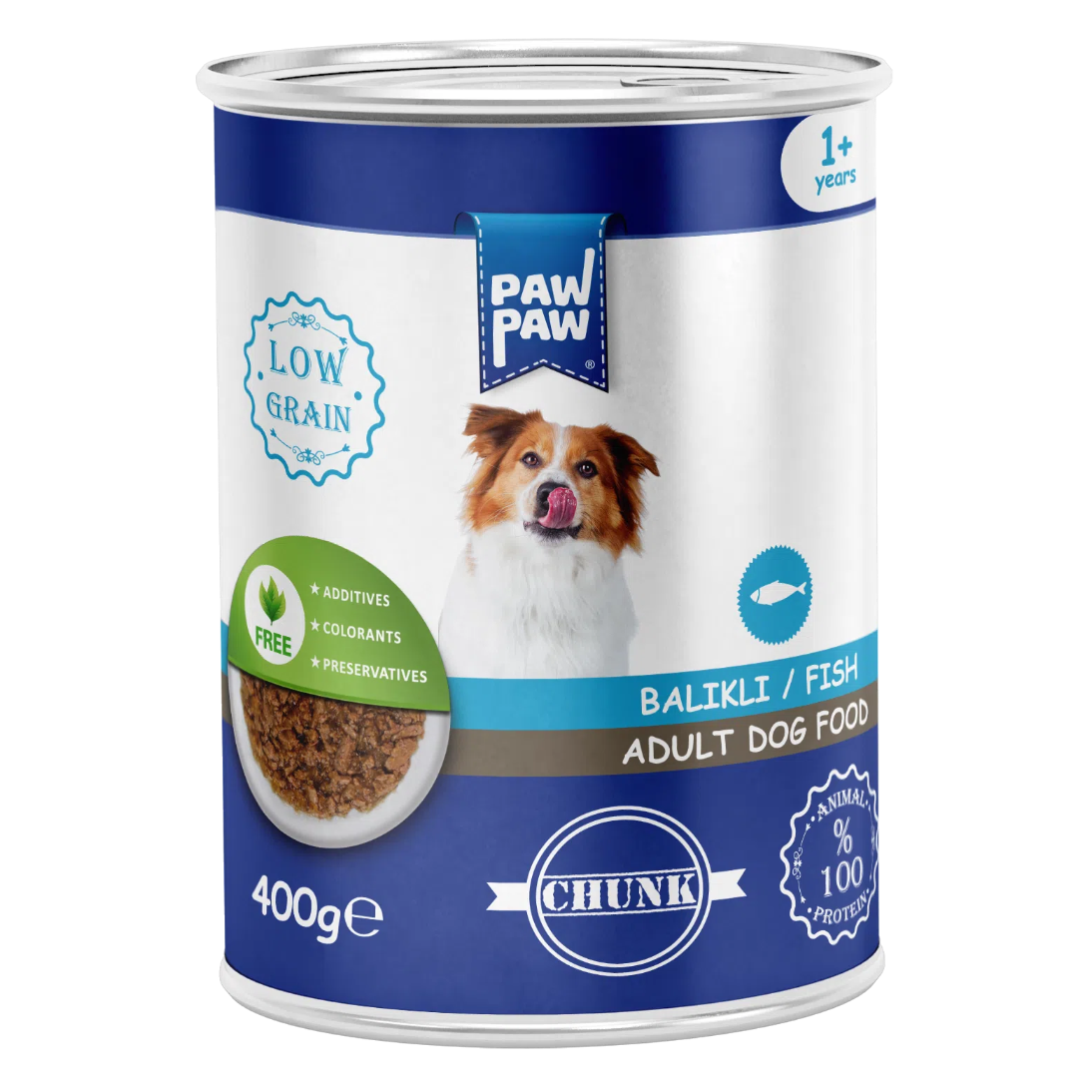 Conservă de 400g cu hrană umedă PawPaw pentru câini adulți, rețetă Low Grain cu bucăți fragede de pește în sos, fără coloranți sau conservanți.