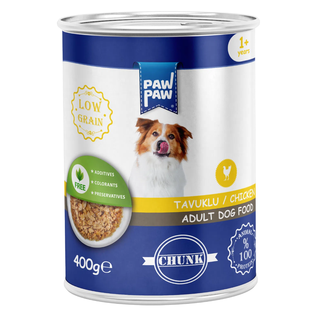 Conservă de 400g cu hrană umedă PawPaw pentru câini adulți, rețetă Low Grain cu 60% bucăți fragede de pui în sos, fără coloranți sau conservanți.