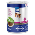 Conservă de 400g cu hrană umedă PawPaw pentru câini adulți, rețetă Low Grain cu 10% bucăți fragede de vită în sos, 100% proteine animale și fără conservanți.