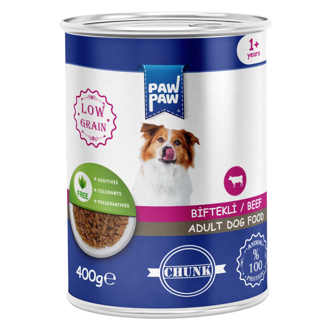 Conservă de 400g cu hrană umedă PawPaw pentru câini adulți, rețetă Low Grain cu 10% bucăți fragede de vită în sos, 100% proteine animale și fără conservanți.