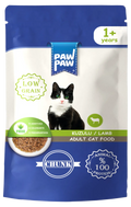 Plic de 85g cu hrană umedă PawPaw pentru pisici adulte (1+ ani), rețetă Low Grain cu bucăți de miel în sos, 100% proteine animale, fără conservanți.