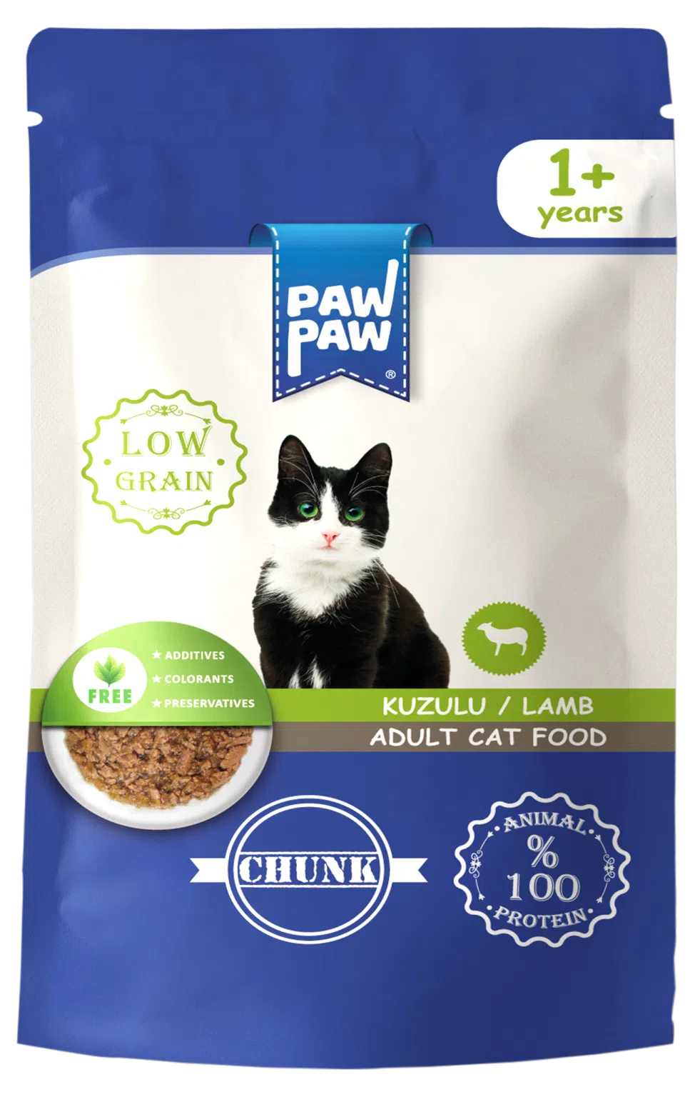Plic de 85g cu hrană umedă PawPaw pentru pisici adulte (1+ ani), rețetă Low Grain cu bucăți de miel în sos, 100% proteine animale, fără conservanți.