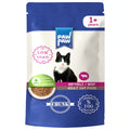 Plic de 85g cu hrană umedă PawPaw pentru pisici adulte, rețetă Low Grain cu bucăți de vită în sos, 100% proteine animale și fără aditivi.
