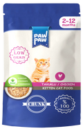 Plic de 85g cu hrană umedă PawPaw pentru pisici junior (Kitten 2-12 luni), rețetă Low Grain cu bucăți de pui în sos, fără coloranți sau conservanți.