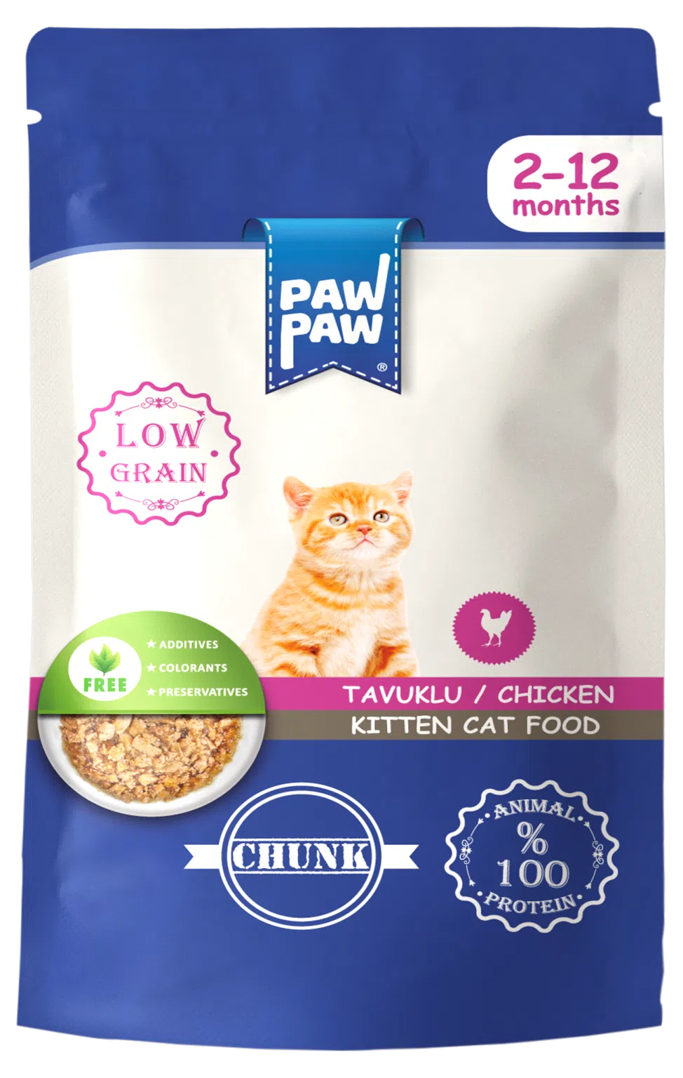 Plic de 85g cu hrană umedă PawPaw pentru pisici junior (Kitten 2-12 luni), rețetă Low Grain cu bucăți de pui în sos, fără coloranți sau conservanți.