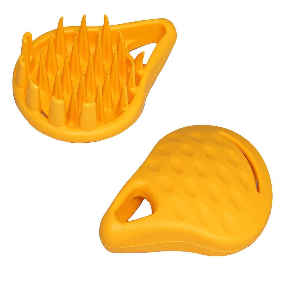 Perie galbenă din cauciuc moale pentru spălarea, masajul și îndepărtarea părului mort la câini și pisici, cu design ergonomic.