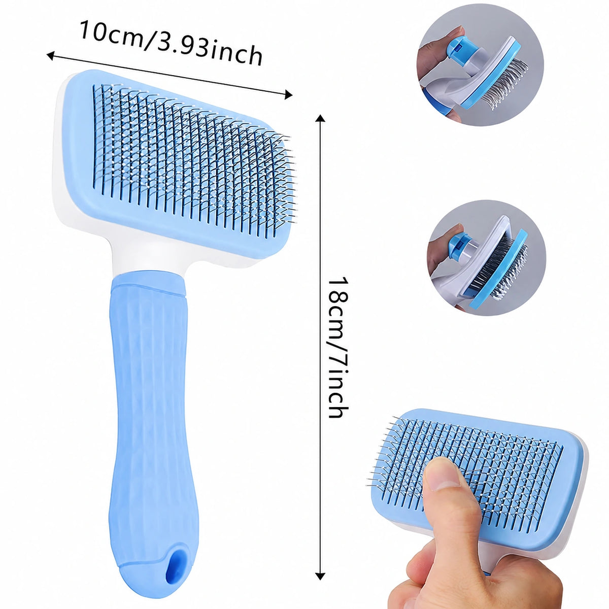 Perie tip țesală retractabilă de culoare albastră pentru câini și pisici, cu buton de autocurățare a părului și mâner ergonomic din cauciuc.